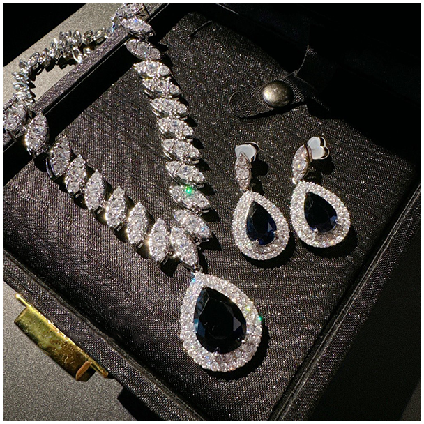 Austrian Palace Royal Blue Water Drop Gemstone Necklace Earrings Set - Timeless Radiance 023
