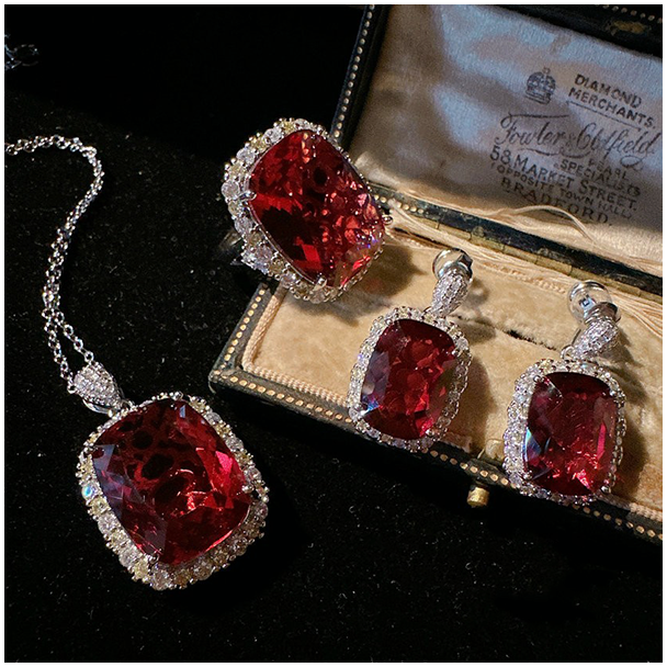Blood ruby ​​earrings ring garnet red long cubic zirconia necklace - Timeless Radiance 016