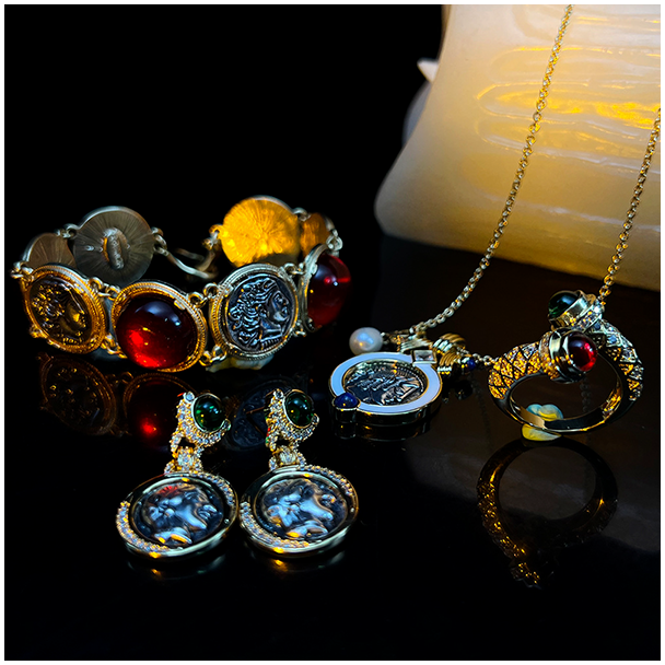 Ancient Greek coin copper gold plated glaze necklace earrings bracelet ring set - Millennium Muse 004