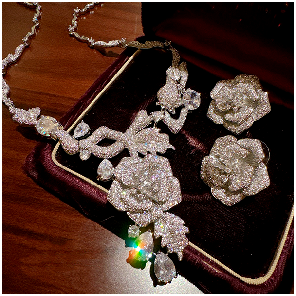 England Rose Vine Gemstone Necklace Vintage Camellia Zirconium stone earrings set - Timeless Radiance 025