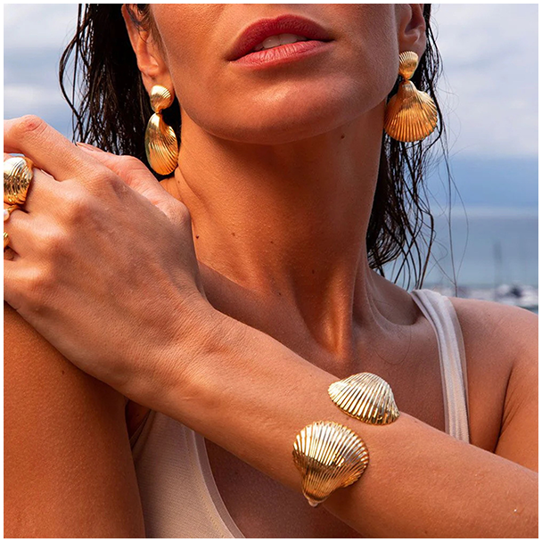 Ocean 18k Gold Plated Shell Stainless Steel Earrings Bracelet Ring Set - Ocean's whisper 011