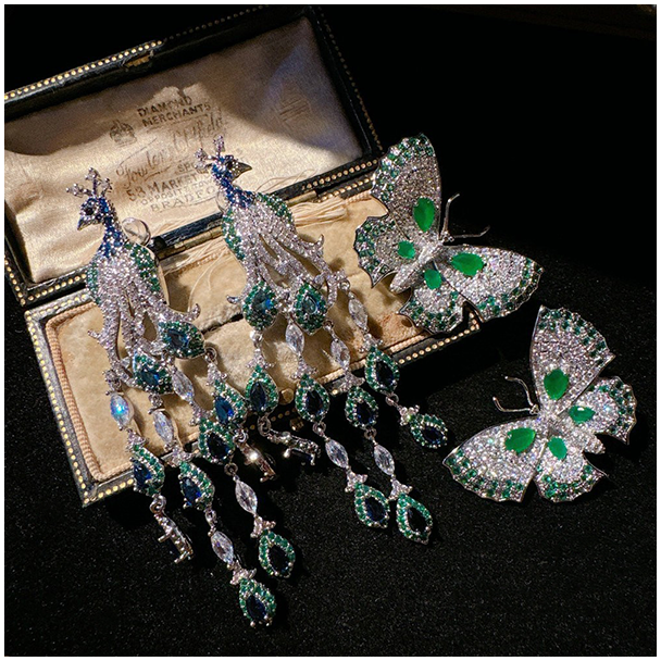 Peacock Gemstone Tassel Earrings butterfly zirconia earrings - Timeless Radiance 024