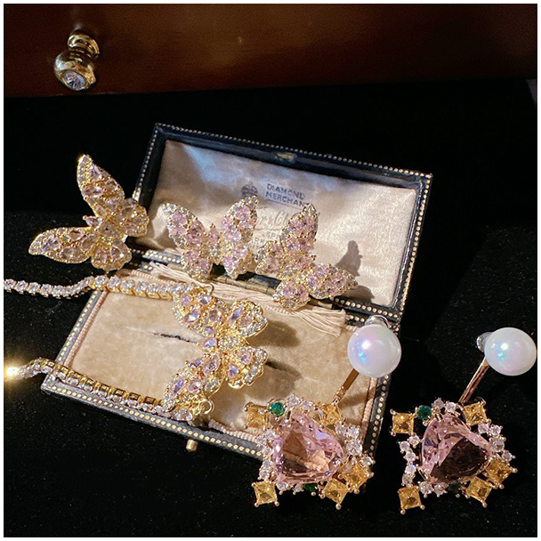 Pink Gemstone Butterfly necklace,earrings,ring set - Fluttering Grace 003
