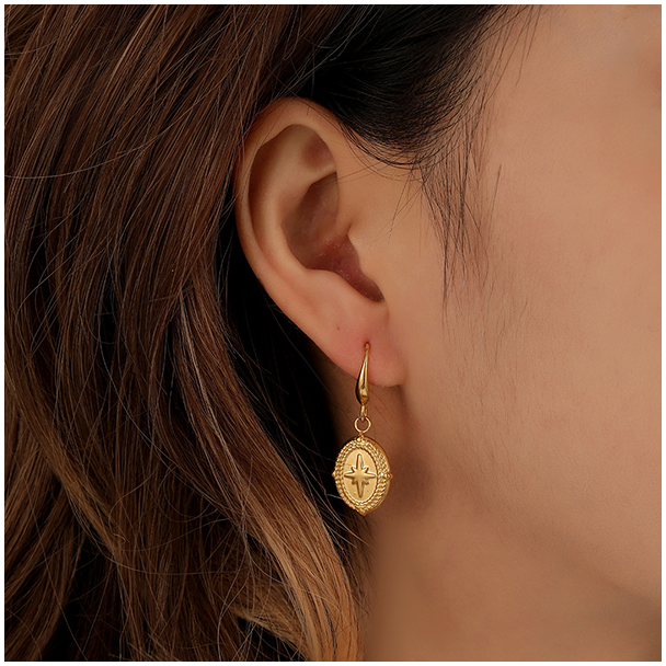 Retro coin earrings titanium 18K gold geometric earrings - Timeless Radiance 049