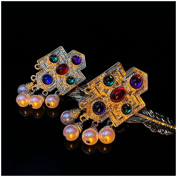 Vintage copper gold plated glaze french court clip earings -  Versailles Splendor 021