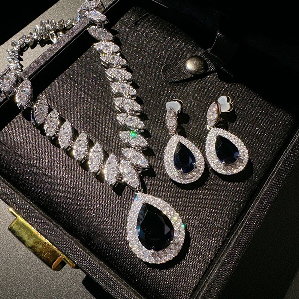 Austrian Royal Blue Water Drop Gemstone Necklace Earrings