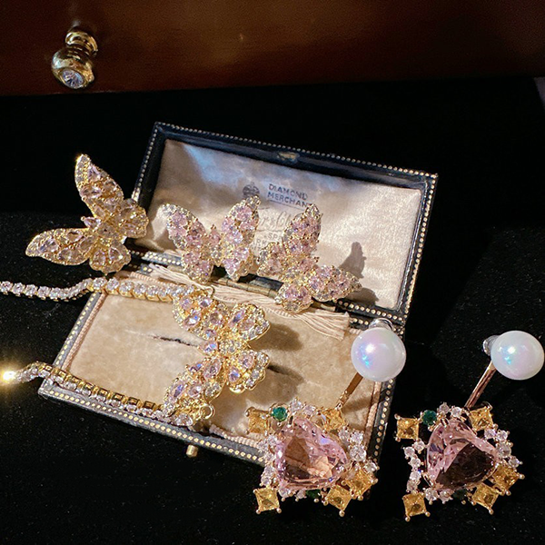 Pink Gemstone Butterfly necklace,earrings,ring set